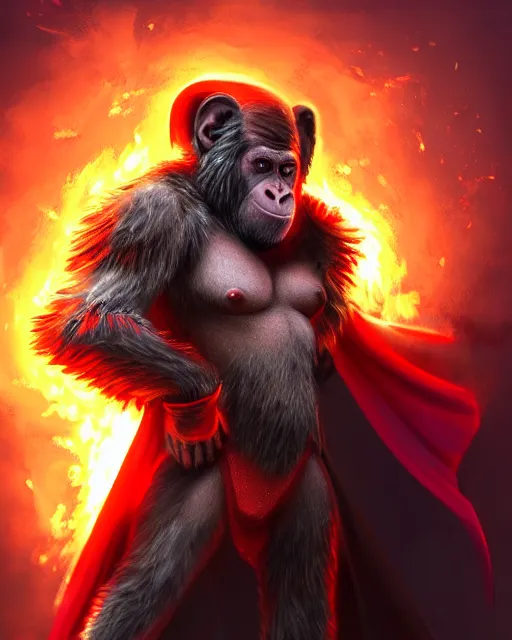 Image similar to fury art, an anthro ape wearing a large cape and a fantasy armor, fire, ice, fiery background, 3 d, 8 k, extremely detailed, trending on furaffinity, trending on artstation, award winning, sharp focus, illustration