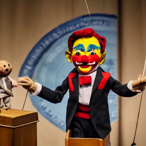 Image similar to puppet show of a puppeteer using a string marionette of a president with clown makeup in a podium
