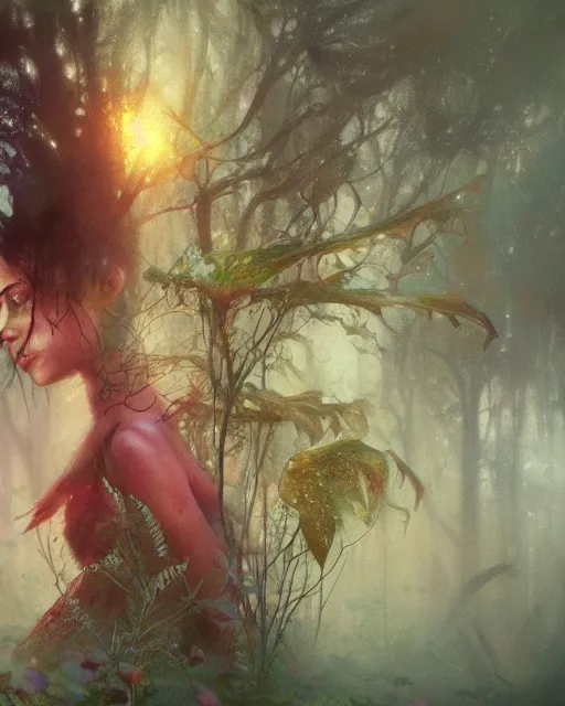 Prompt: a film still extreme close - up shot of a pixie in a misty swamp by esao andrews and peter mohrbacher. colorful, vibrant. trending on artstation