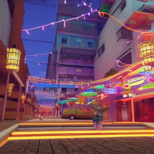 Image similar to Downtown Mexico, string lights, colorful lighting, night, unreal engine 5 tech demo, octane render, Frank Lloyd Wright ((Studio Ghibli))