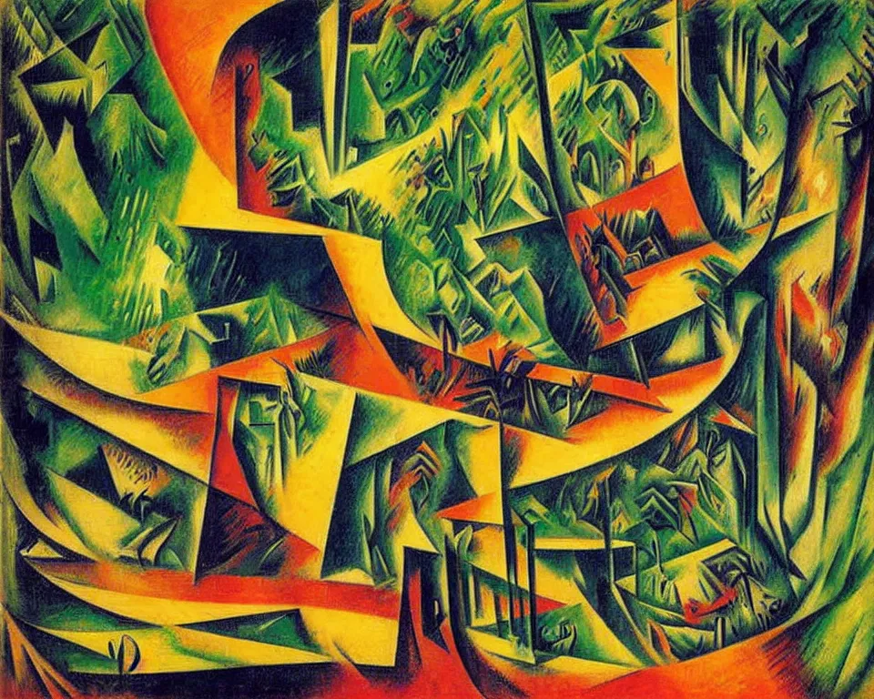 Prompt: abstract bookshelf in the rainforest by umberto boccioni. detailed, proportional, romantic, enchanting, achingly beautiful, graphic print, trending on artstation, jungle, tropical, foliage