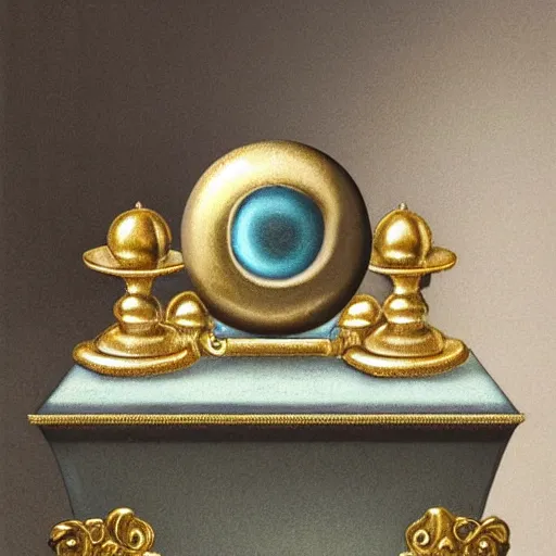 Image similar to in the center lays an ancient chromed artifact in the shape of a heavy signet ring, ornate with gentle iridescent shine from within. the ring lays on top of a pedestal. the pedestal is in front of a dark misty balcony at night. perspective from the side. realistic light and shadows. moody fantasy art, table still life renaissance pastel painting.