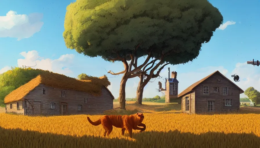 Image similar to gigantic cat next to the small house, wheat field harvesting, big tree, matte painting, art station, blue sky, simon stalenhag