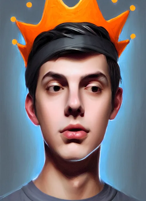 Image similar to portrait of teenage jughead jones wearing a light grey crown, crown, hamburger background, eyes closed, crown, black hair, orange, intricate, elegant, glowing lights, warm lighting, highly detailed, digital painting, artstation, concept art, smooth, sharp focus, illustration, art by wlop, mars ravelo and greg rutkowski