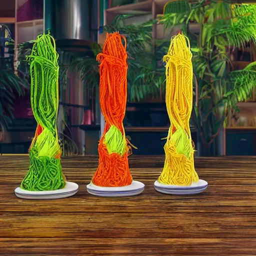 Image similar to indomie mi goreng noodles tower, marketplace, solarpunk, photo realistic, gourmet