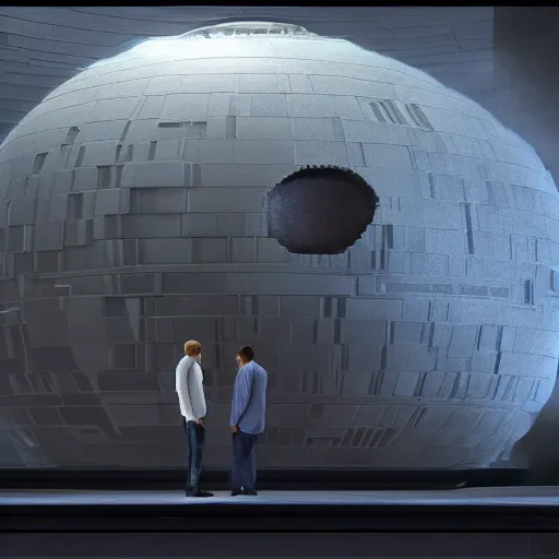 Image similar to hyperrealistic image of 2 people matt stone standing next to trey parker inside the death star, stunning 3 d render, inspired by istvan sandorfi & greg rutkowski, perfect facial symmetry, dim volumetric cinematic lighting, 8 k octane comprehensive render, extremely hyper - detailed, incredibly lifelike attributes, intricate, real flesh texture, masterpiece, artstation, stunning,