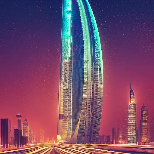 Image similar to a beautiful matte masterpiece of futuristic dubai at night by by atelier olschinsky and moebius, trending on artstation, featured on behance