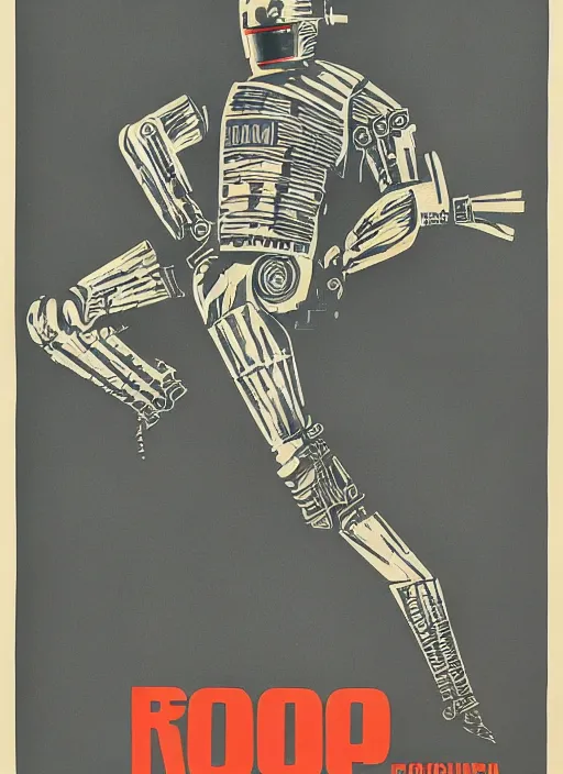 Prompt: Polish posters for RoboCop film. Screen printed, silkscreen, paper texture. 1968