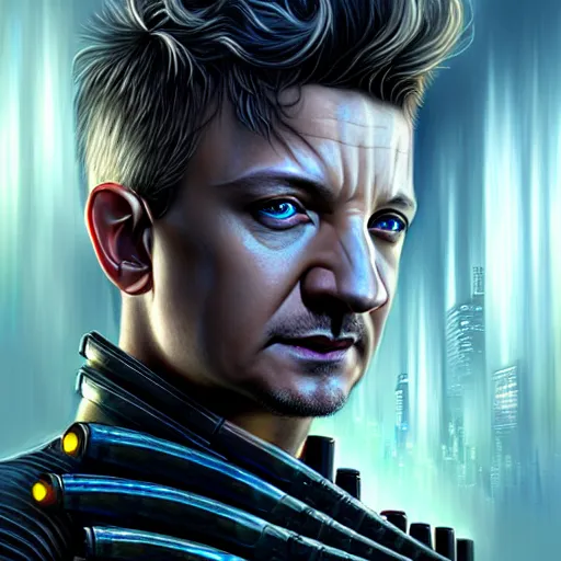 Image similar to portrait painting of a cyberpunk elven cop who looks like jeremy renner, ultra realistic, concept art, intricate details, eerie, highly detailed, photorealistic, octane render, 8 k, unreal engine. art by artgerm and greg staples and elsa beskow