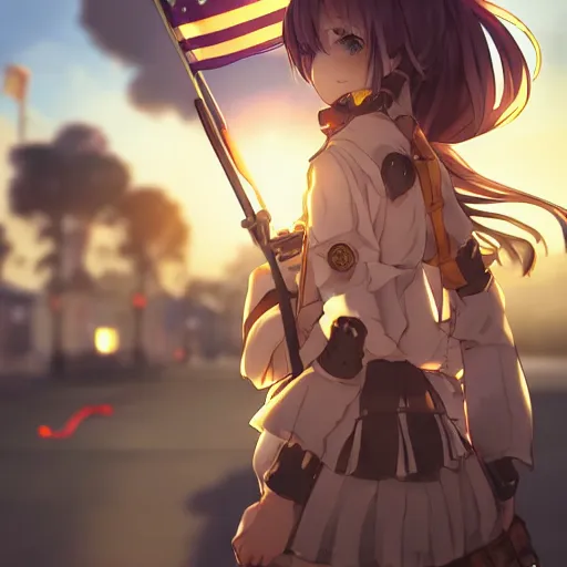 Image similar to anime girl marching on a pavement road with a flag and steampunk weapons and armor, finely detailed, beautiful, serious, cinematic lighting, golden hour, buildings, long brown hair, brown eyes, reflective, sharp focus, anime,