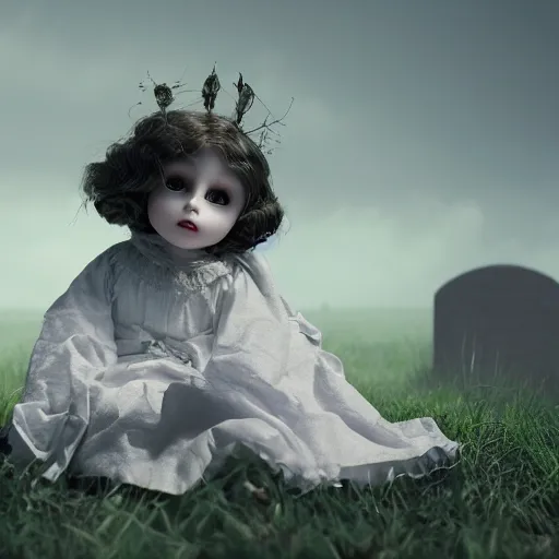 Prompt: an ethereal child's doll wearing victorian clothing and a sinister expression, sitting on a headstone in a cemetery, plague, fireflies, octane render, hypperreal, moody, cinematic composition, cinematic lighting, eerie, gothic, 8 k, hyper details, unreal engine, octane render