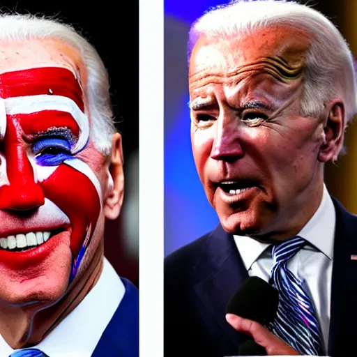 Image similar to Joe Biden with colorful clown makeup all over his face