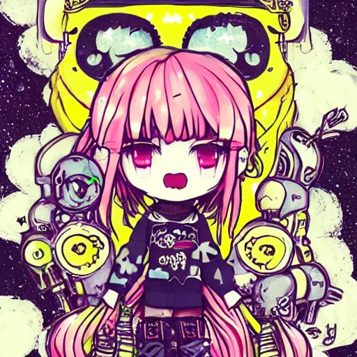 Image similar to portrait of a grungy skull anime and chibi very cute doll by super ss, cyberpunk fashion, nendoroid, kawaii, curly pink hair, night sky, looking up, swirly clouds, neon yellow stars, by wlop, james jean, victo ngai, muted colors, highly detailed