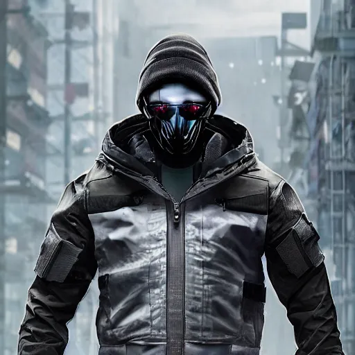 Image similar to A broad shouldered, muscular man in a Acronym Riot Division techwear outfit, Acronym P31-ds pants, trending on r/techwearclothing, high quality, digital art, dire cyberpunk city, gray sky, greg rutkowski