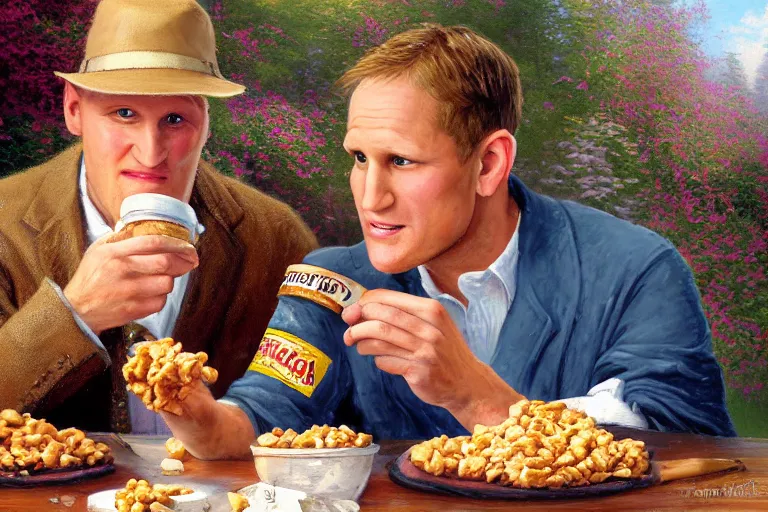 Prompt: thomas kinkade painting of woody harrelson eating peanut butter