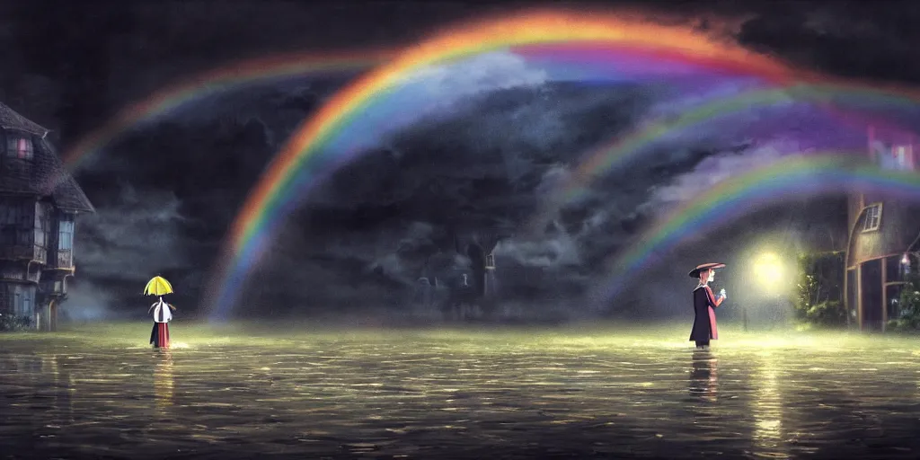 Image similar to a realistic and atmospheric cell - shaded concept art from howl's moving castle ( 2 0 0 4 ) of a rainbow colored ufo landing on the ground. a man with an umbrella is standing in a flooded parking lot. it is a misty starry night. very dull muted colors, hd, 4 k, hq