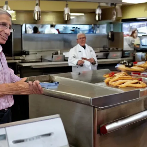 Prompt: A photo of Dr. Anthony Fauci flipping burgers at a fast food restaurant