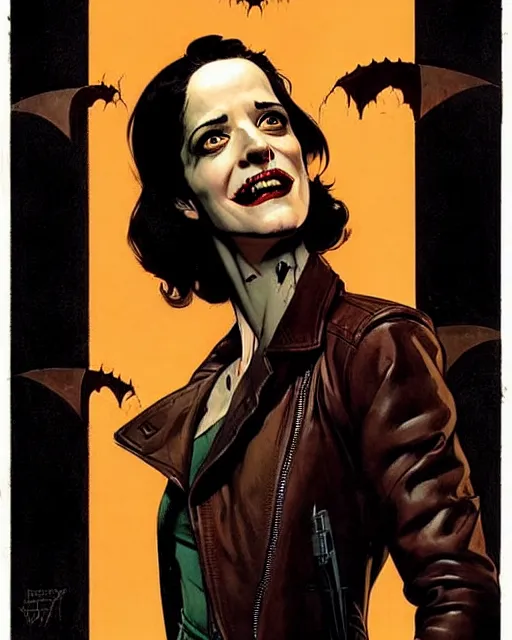 Image similar to Rafael Albuquerque comic cover art, Norman Rockwell, Joshua Middleton, pretty Eva Green vampire, sharp vampire teeth, sarcastic smile, symmetrical eyes, symmetrical face, brown leather jacket, jeans, long black hair, full body, building on fire, cool colors