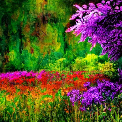 Prompt: nature background, many flowers with stunning colors, high quality art,