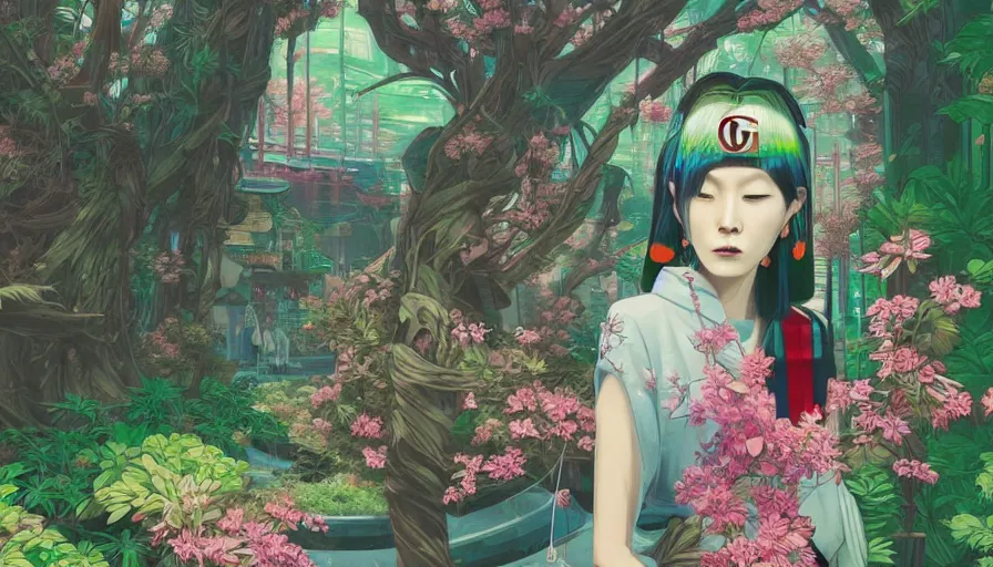 Image similar to a digital painting of a magical japanese temple with a woman wearing gucci exploring, lush plants and flowers, eco - cyberpunk art by james jean, cgsociety, retrofuturism, anime aesthetic, chromatic, iridescent, uhd