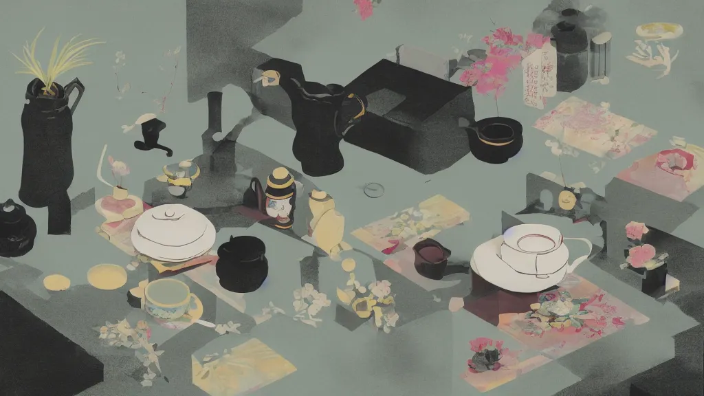 Image similar to a small tea setting, japan, a collage painting, in the style of wes anderson, lola dupre, david hockney, isolated on negative white space background dark monochrome neon spraypaint accents volumetric octane render