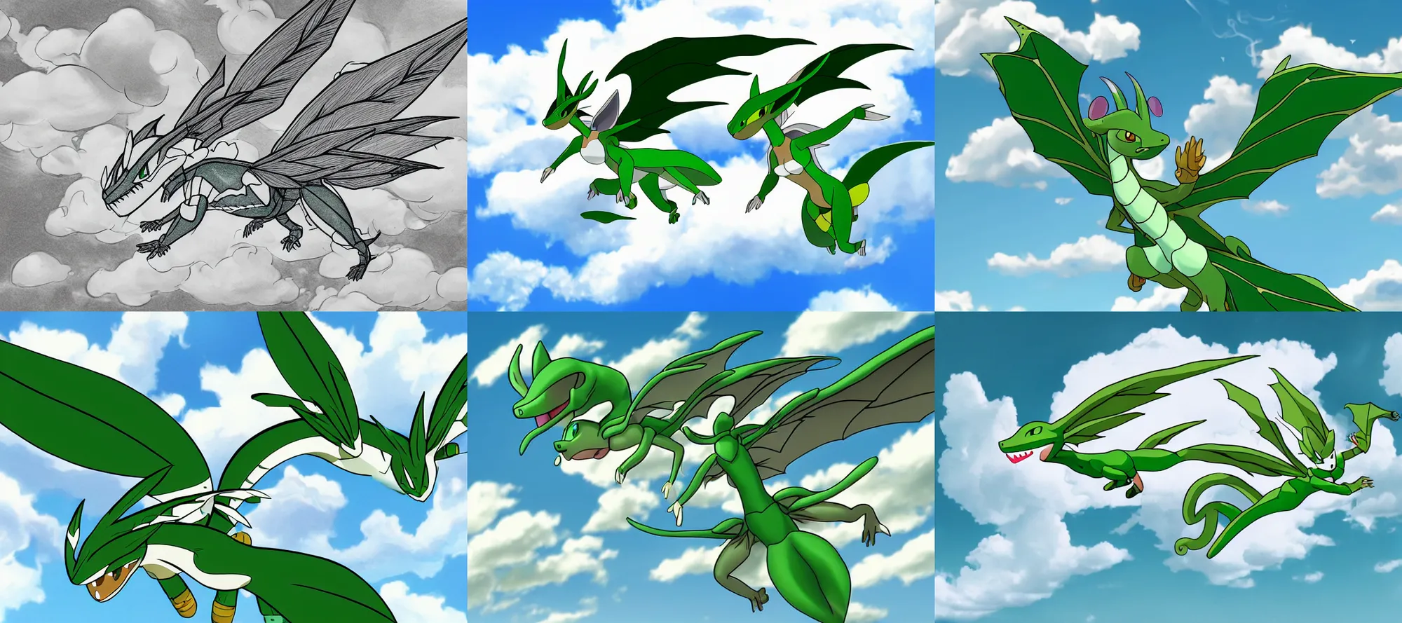 Prompt: lineart of realistic anthropomorphic flygon woman flying among clouds in sky