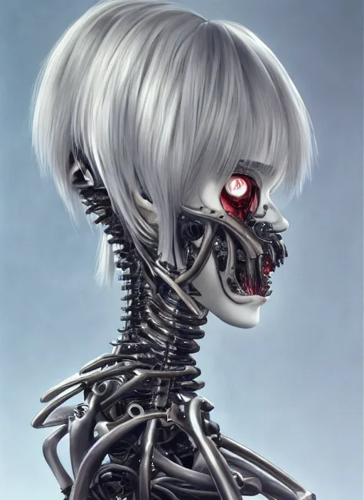 Image similar to Rei Ayanami by Yoshitaka Amano, by HR Giger, biomechanical, profile portrait, 4k, wide ayes, hyper detailed, hyperrealism, anime