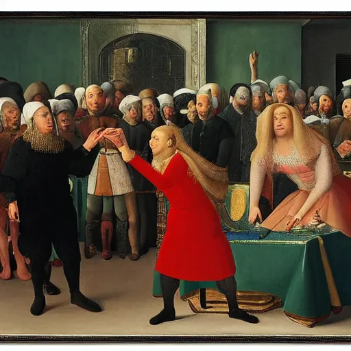 Image similar to painting of Benjamin Netanyahu shielding himself with his arms as Sara Netanyahu is throwing peanuts at him in a crouched position, by Jan Van Eyck