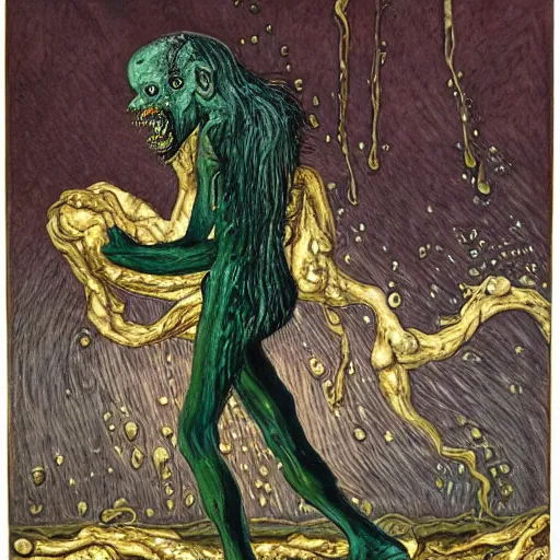 Image similar to dark green sci-fi lab at night, realistic gustave coubert painting of black onyx skin horror zombie dressed in rags exposed guts crawling in two legs and dripping golden metalic fluid from intestine into a puddle of golden liquid on the floor.