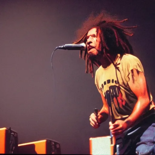 Image similar to Rage Against the Machine, live in concert, Zack de la Rocha, dreadlocks, 1994, live at Lollapalooza, 1994 VHS quality