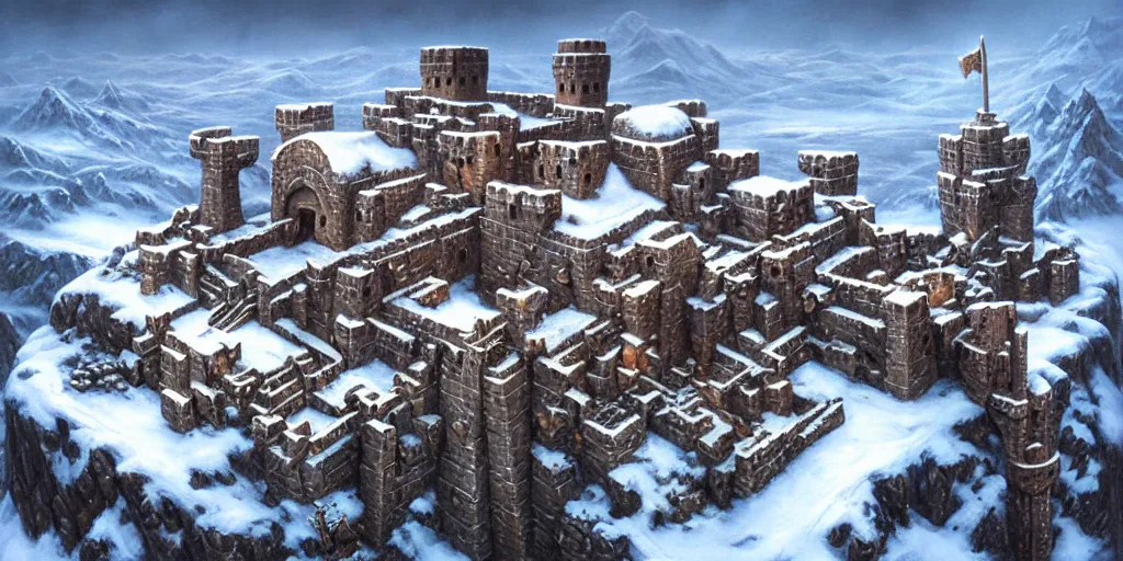 Prompt: aerial view of a dwarven fortress embedded into the side of a snowy mountain range, as a matte oil painting, by noah bradley, photorealistic, medieval fantasy, action shot, epic, torches, waterwheels, windmills, chiseled details, runic, ornate, trading depots, extremely detailed, sharp focus