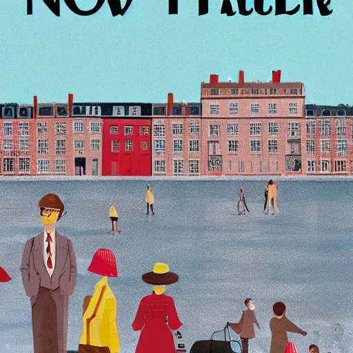 Prompt: cover of newyorker of Paris without water, over crowded by bots, wes anderson style,