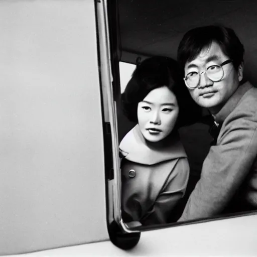 Image similar to 1960s press archive of the actress Choi Eun-Hee and director Shin Sang-ok coming out of a car, faces obscured, Reuters, 35mm film, film grain, mysterious exterior, underexposed