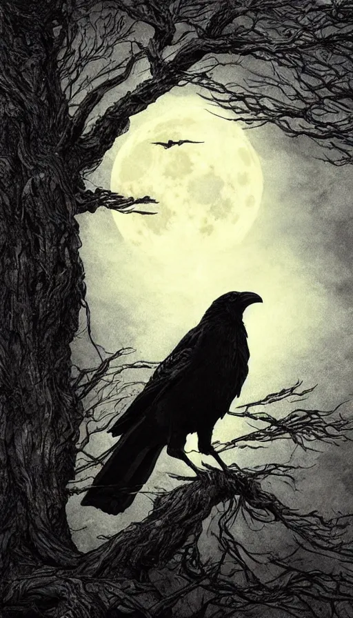 Image similar to book cover art, detailed close-up portrait of crow on a tree in front of the full big moon, dramatic lighting, cinematic, establishing shot, extremely high detail, foto realistic, cinematic lighting, pen and ink, intricate line drawings, by Yoshitaka Amano, Ruan Jia, Kentaro Miura, Artgerm, post processed, concept art, artstation, matte painting, style by eddie mendoza, raphael lacoste, alex ross