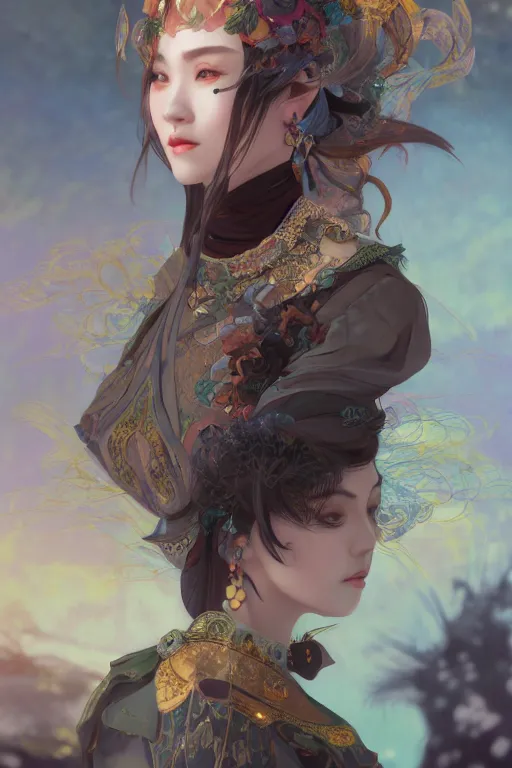 Image similar to portrait online game genshin character MONA, in ruined fantasy world Sunrise, ssci-fi, fantasy, intricate, very beautiful and elegant, highly detailed, digital painting, artstation, concept art, smooth and sharp focus, illustration, art by tian zi and WLOP and alphonse mucha