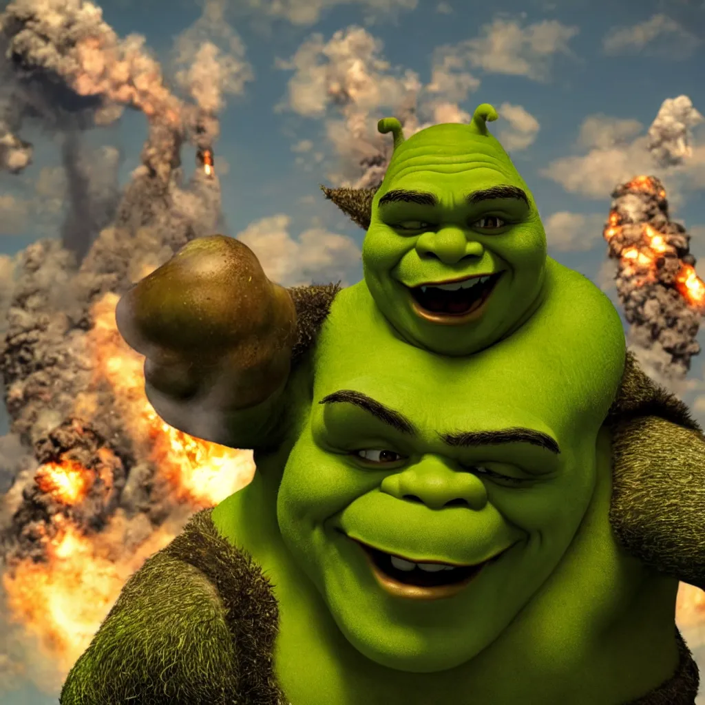 Prompt: shrek punching nuclear chimneys, destruction, chaos, 4 k, realistic, professional photography