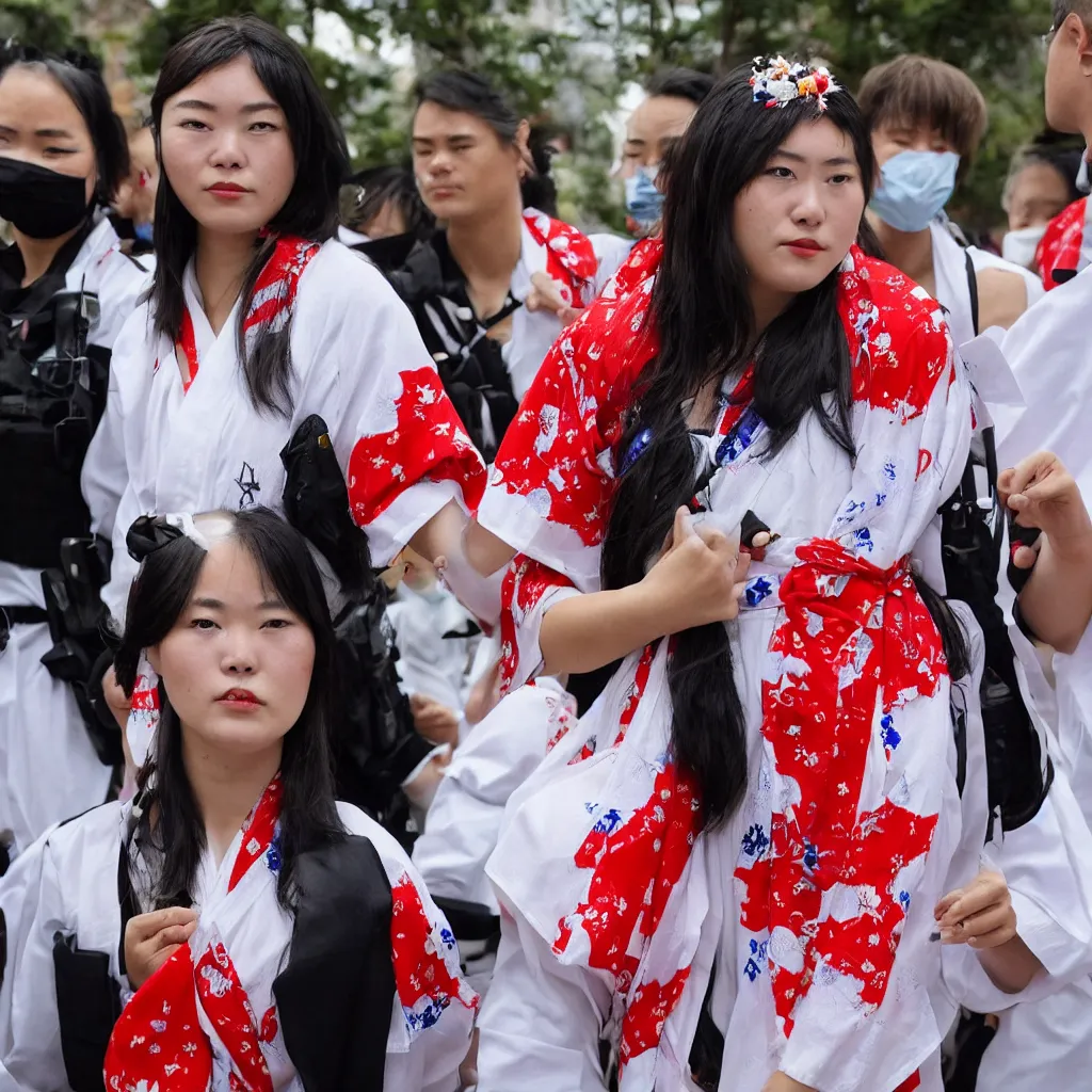 Prompt: a young woman wearing a white kimono decorated with red and blue spots and a red obi ( sash ) in the evening, detained by police