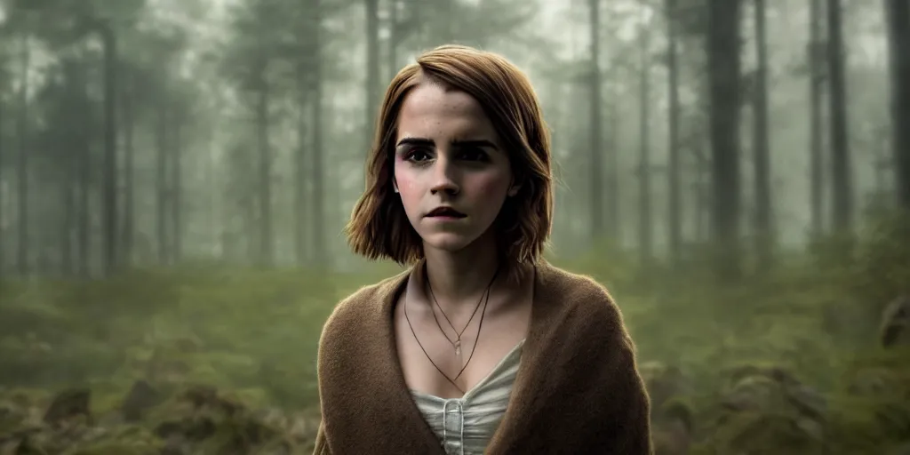 Prompt: portrait bust of emma watson, forest background, brown hair, cloth, princess mononoke, 4 k, greg rutkowski, high detail, dramatic lighting, sunset, hayao miyazaki, masashi ando, nizou yamamoto, kazuo oga, joe hisaishi, yoji takeshige, naoya tanaka