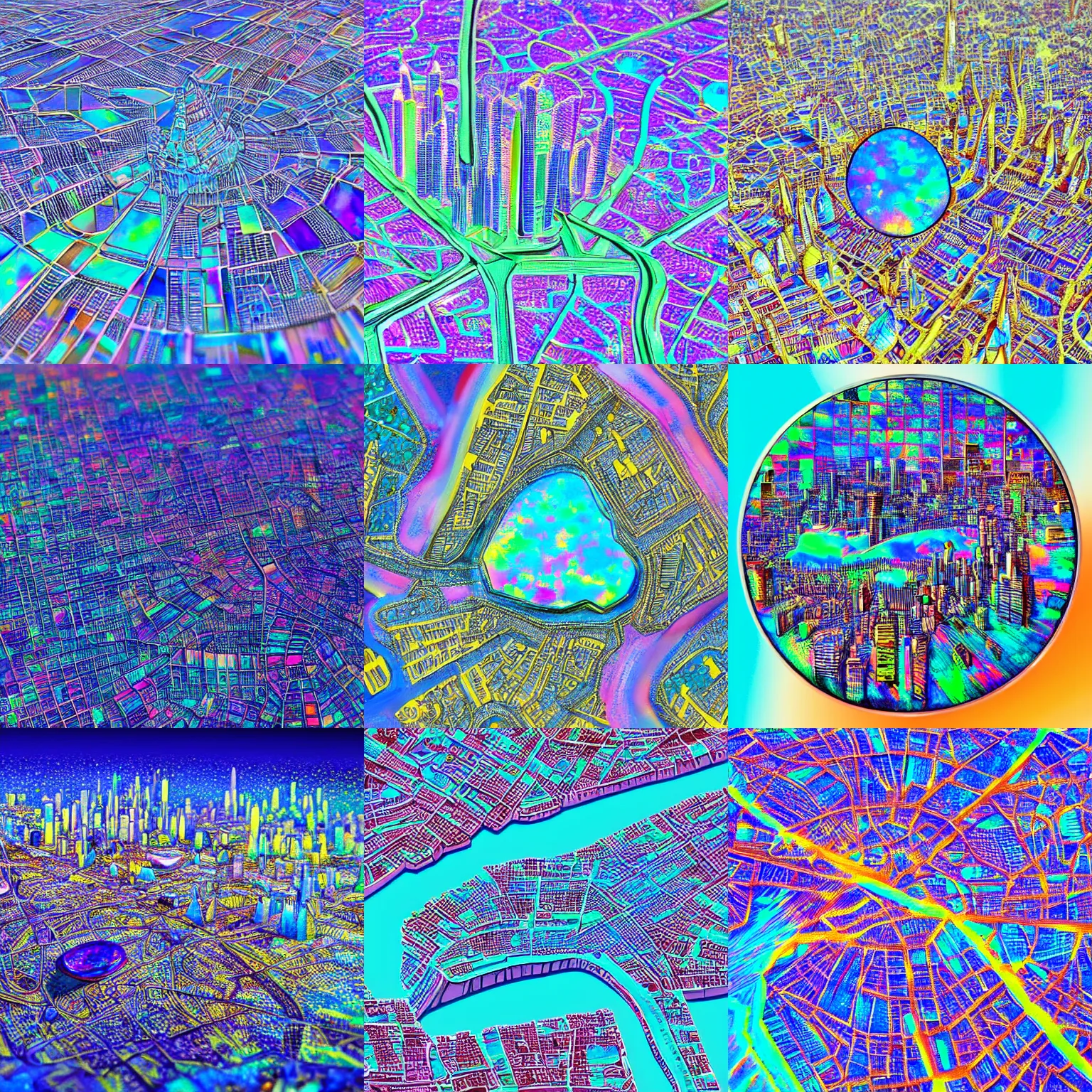 Prompt: micron view of a opal crystal in shape of a city, hd, hyper realistic, hyper detailed, 8 k, colorful, vibrant