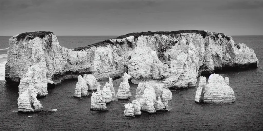 Image similar to black and white crystal cliffs surrounding an island, viewed from the ocean, high quality digital art,