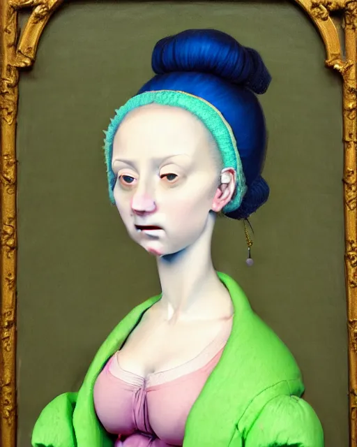 Prompt: portrait of a pale curvy woman with blue hair buns, wearing a neon green puffer jacket, standing in a botanical garden, intricate details, high detail, in a high renaissance style, in the style of jacopo da pontormo, by mark ryden, punk, asian art,