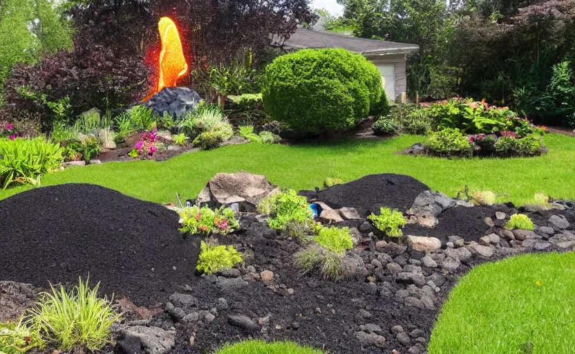 Prompt: suburban yard with miniature volcano erupting in the yard, ground level, lava shower, lava river
