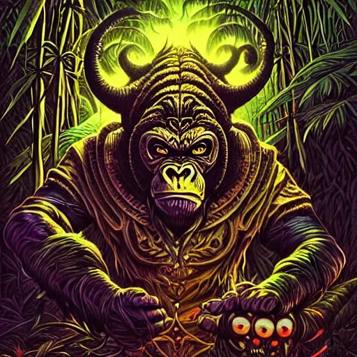 Image similar to barong family member, wiwek, mara demon, one single tribe member, jungle, one single mask, dark, ancient warrior, gorilla, lizard, tribal, inner glow, art by dan mumford and justin gerard