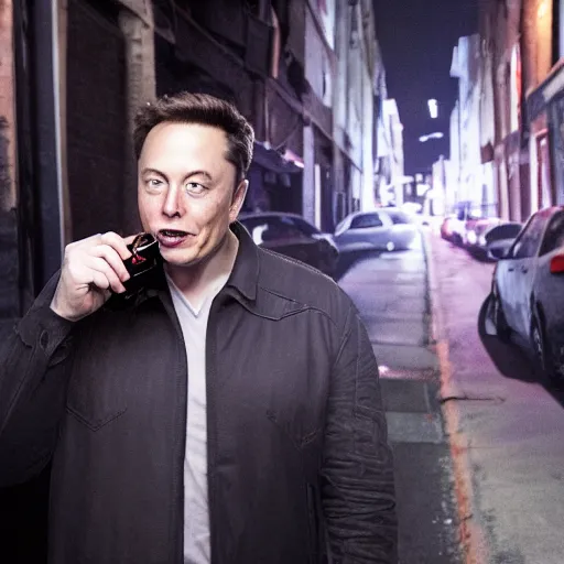 Image similar to Elon musk drinking out of a car battery in an alleyway at night