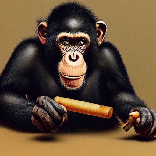 Image similar to a high detail photo of an antropomorphic chimp wearing a suit smoking a cigarrette, subject= chimp, subject detail: wearing a suit, subject action: smoking a cigarrette photorealism