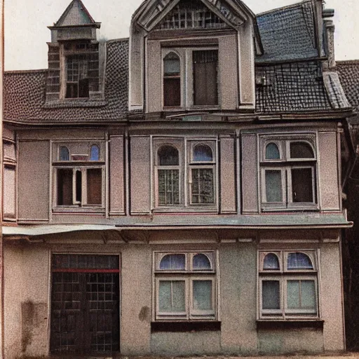 Image similar to Emil Verharn. 1900. Photo in color image. High definition. The city of Sint Amands. Symbolism on old houses.