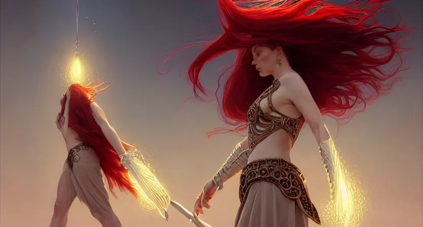 Image similar to mage floating casting, red hair straight bangs wearing ivory carved bone armor, ocean utopia, movie action still frame, ultra wide horizon, intricate, elegant, highly detailed, hyperreal highly detailed 8 k, digital painting, concept art, smooth, sharp, focus, illustration, art by artgerm, greg rutkowski, ilya kuvshinov, alphonse mucha