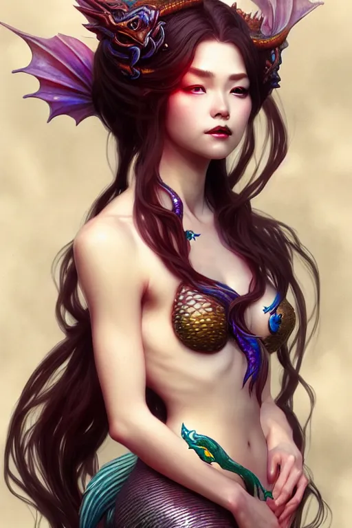 Image similar to portrait mermaid with a dragon tail, chinese dragon concept art, d & d, highly detailed, digital painting, artstation, sharp focus, illustration, art by tan zi and ayanamikodon and alphonse mucha and wlop