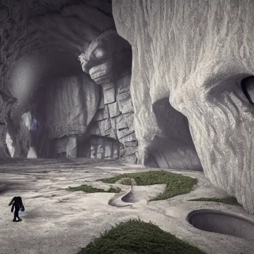 Image similar to perspective and vastness!!!!!, cave with a castle built underground!!!!, the god of small scissors!!, pitchburn devils!, security rhox, sauroform hybrid, forbidding spirit!!, guardian project, hackrobat!!!, cinematic, hyper realistic, detailed, 8k, octane render.