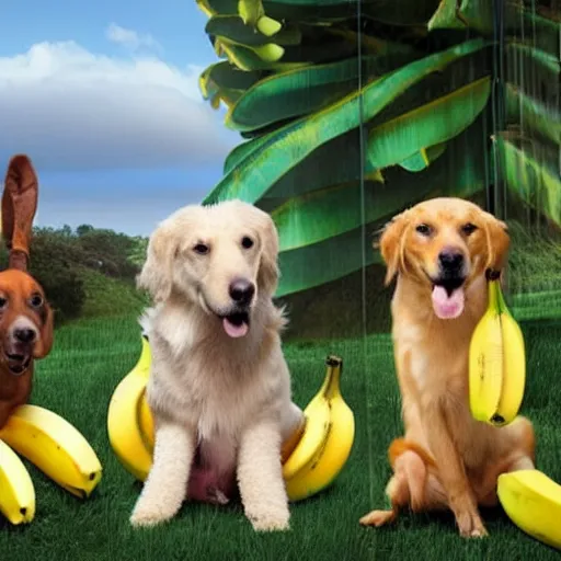 Image similar to a realistic photo of 2 or 3 dogs sitting around a bunch of bananas, looking at them whilst druoling because they're hungry.